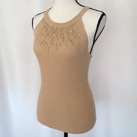 Vintage Y2K Cache Golden Tan Sleeveless Sequin Beaded Top - Picture 5 of 12
